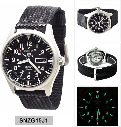سيكو ساعة رياضية بمينا اوتوماتيك وسوار نايلون للرجال من 5 سبورتس، SNZG15J1، اسود، 42 ملم in Saudi Arabia