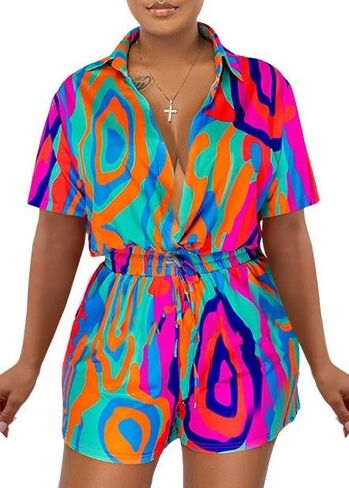 بذلة قطعة واحدة مثيرة من MOEENCN، ملابس قصيرة مخططة عميقة على شكل حرف V عالية الخصر وقميص صيفي قابل للتمدد للنساء بأزرار إرسال in Kuwait