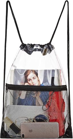 حقيبة برباط شفاف، حقيبة ظهر برباط من البولي فينيل كلورايد مع جيب شبكي بسحاب أمامي, أسود, 13.5" x 17" in Kuwait