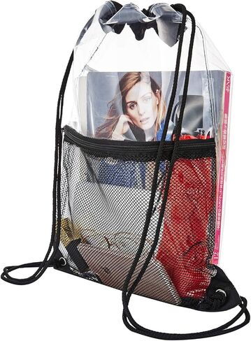 حقيبة برباط شفاف، حقيبة ظهر برباط من البولي فينيل كلورايد مع جيب شبكي بسحاب أمامي, أسود, 13.5" x 17" in Kuwait