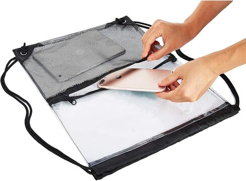 حقيبة برباط شفاف، حقيبة ظهر برباط من البولي فينيل كلورايد مع جيب شبكي بسحاب أمامي, أسود, 13.5" x 17" in Kuwait