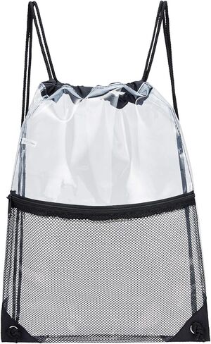 حقيبة برباط شفاف، حقيبة ظهر برباط من البولي فينيل كلورايد مع جيب شبكي بسحاب أمامي, أسود, 13.5" x 17" in Kuwait