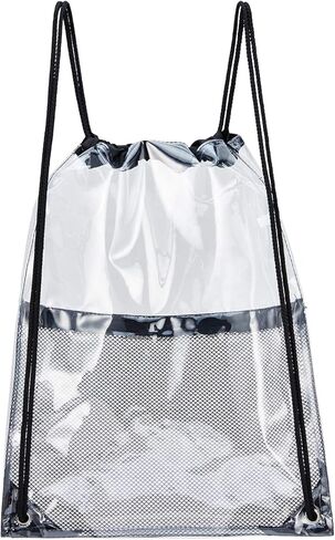 حقيبة برباط شفاف، حقيبة ظهر برباط من البولي فينيل كلورايد مع جيب شبكي بسحاب أمامي, أسود, 13.5" x 17" in Kuwait