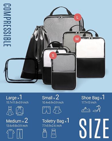 Compression Packing Cubes, LIGHT FLIGHT 7 Set Travel Cubes for Packing, Lightweight Suitcase Organizer Bags Set & Luggage Organizer, Travel Bags Organizer for Luggage with Shoe Bag(Black) in Kuwait