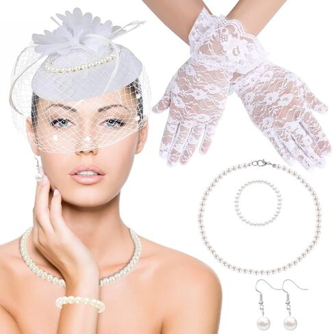 5PCS Fascinators Hat Veil Mesh Headband Set Tea Party Fascinators Set Lace Gloves, Pearl Necklace, Bracelet, Earrings (White) in Saudi Arabia