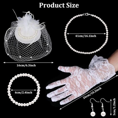 5PCS Fascinators Hat Veil Mesh Headband Set Tea Party Fascinators Set Lace Gloves, Pearl Necklace, Bracelet, Earrings (White) in Saudi Arabia