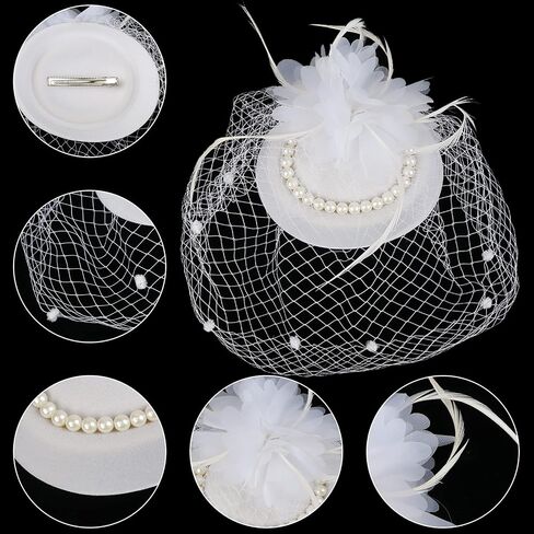 5PCS Fascinators Hat Veil Mesh Headband Set Tea Party Fascinators Set Lace Gloves, Pearl Necklace, Bracelet, Earrings (White) in Saudi Arabia