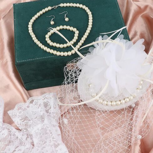 5PCS Fascinators Hat Veil Mesh Headband Set Tea Party Fascinators Set Lace Gloves, Pearl Necklace, Bracelet, Earrings (White) in Saudi Arabia