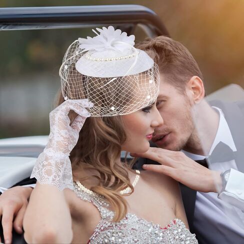 5PCS Fascinators Hat Veil Mesh Headband Set Tea Party Fascinators Set Lace Gloves, Pearl Necklace, Bracelet, Earrings (White) in Saudi Arabia