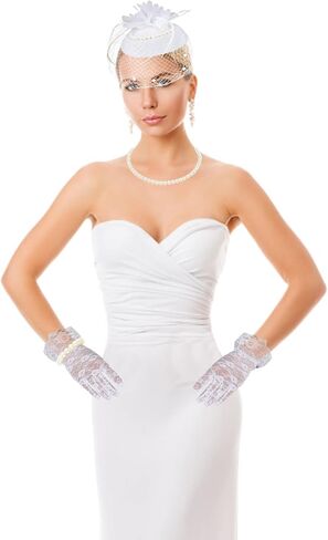 5PCS Fascinators Hat Veil Mesh Headband Set Tea Party Fascinators Set Lace Gloves, Pearl Necklace, Bracelet, Earrings (White) in Saudi Arabia