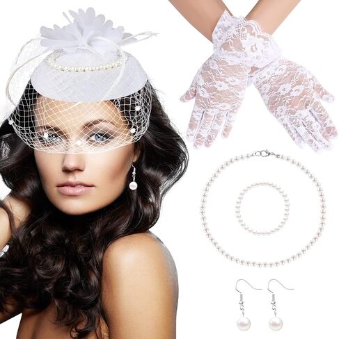 5PCS Fascinators Hat Veil Mesh Headband Set Tea Party Fascinators Set Lace Gloves, Pearl Necklace, Bracelet, Earrings (White) in Saudi Arabia