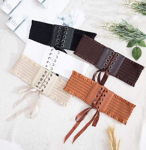 حزام خصر عريض من الدانتيل للنساء من Jurxy، حزام خصر مطاطي، حزام لف على طراز Obi، أحزمة خصر - أسود in Kuwait