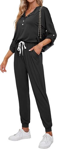 بدلة قفز نسائية من Yeshape قطعة واحدة كاجوال فضفاضة وطويلة مع خصر مطاطي برباط، بدلة رياضية مع جيوب in Kuwait