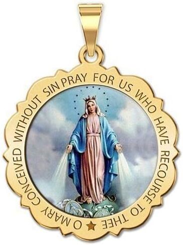 Picturesongold.com قلادة ميدالية معجزة قلادة مريم العذراء الكاثوليكية المعلقات المستديرة للنساء والرجال مصنوعة من الذهب الأصفر أو الأبيض عيار 10 قيراط/14 قيراط والهدايا المسيحية من الفضة الاسترليني للرجال والنساء أو هدايا المناولة الأولى للأولاد أو البنات in Kuwait