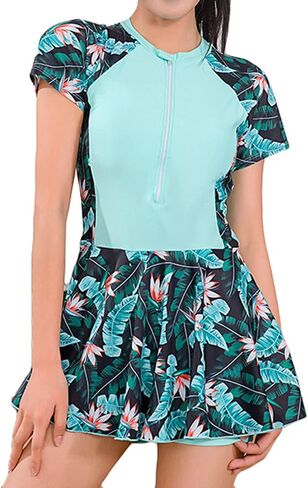 JadeRich Teen Girls One Piece Short Sleeve Swim Dress Rash Guard Bathing Suit Skirted Zip Front Swimwear in Kuwait
