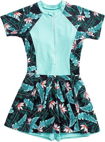 JadeRich Teen Girls One Piece Short Sleeve Swim Dress Rash Guard Bathing Suit Skirted Zip Front Swimwear in Kuwait
