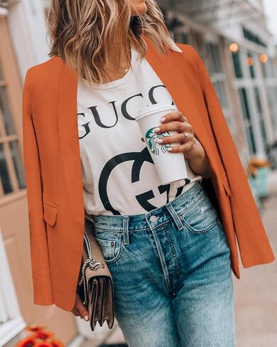 سترات بليزر نسائية كاجوال من Newffr - مفتوحة من الأمام وأكمام طويلة وياقة طية صدر السترة وسترات مكتب العمل بليزر صيفي ملابس خارجية برتقالية in Kuwait