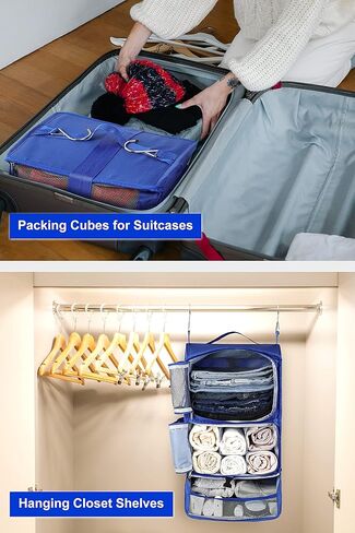ELEZAY Hanging Packing Cubes Transformable Garment Closet Organizers Storage for Suitcases Carry on Luggage Compression Travel Bag with Shelves for Hotel Wardrobe Camper Accessories X-Large, Blue in Kuwait