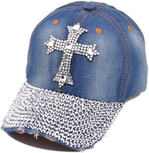 Song Qing Jean Snapback Hat Women Men Bling Cross Rhinestones Denim Baseball Cap in Kuwait