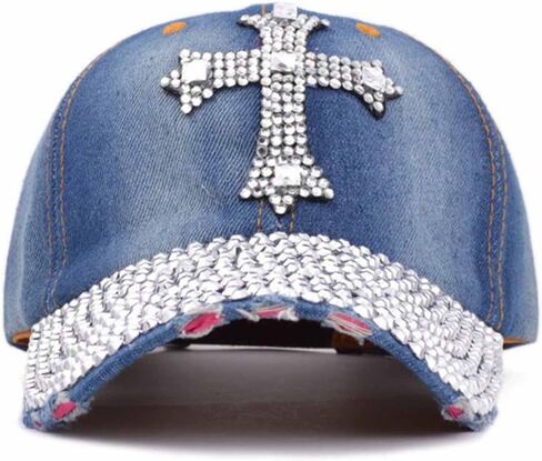Song Qing Jean Snapback Hat Women Men Bling Cross Rhinestones Denim Baseball Cap in Kuwait