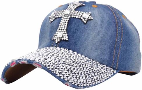 Song Qing Jean Snapback Hat Women Men Bling Cross Rhinestones Denim Baseball Cap in Kuwait