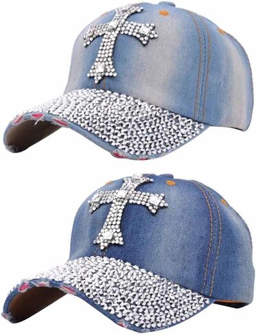 Song Qing Jean Snapback Hat Women Men Bling Cross Rhinestones Denim Baseball Cap in Kuwait