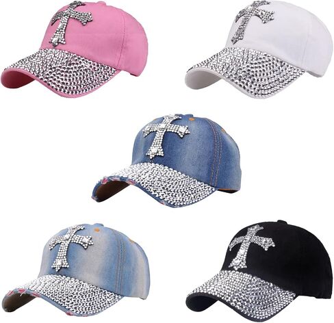 Song Qing Jean Snapback Hat Women Men Bling Cross Rhinestones Denim Baseball Cap in Kuwait