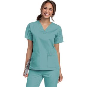 Landau Women's Standard Essentials Relaxed Fit 4-Pocket V-Neck Scrub Top 8219, SEA Mist, Large