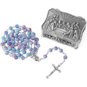WHLHMK Rosary Beads Catholic for Women With Rosary Box, Blue Crystal Beads Rosary Necklace with Last Supper Vintage Jewelry Box, Anglican Prayer Beads Christian Gifts for Women Catholic Gifts…
