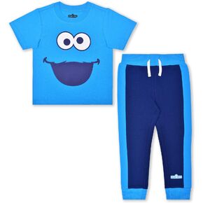 Sesame Street Elmo or Cookie Monster Boys’ T-Shirt and Jogger Set for Infant and Toddler Kids – Blue/Navy or Red/Black