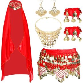 Ujuuu 8-Sets المرأة الرقص الشرقي الزي الرقص الشرقي وشاح الورك التفاف عملة ذهبية قطرة قلادة أقراط سوار in Kuwait