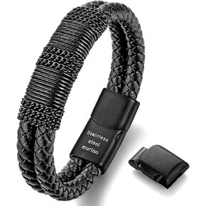 murtoo Mens Bracelet Leather and Steel, Double Row Braided Brown Black Leather Bracelet with Chain for Men Magnetic Leather Bracelet Gifts for Men