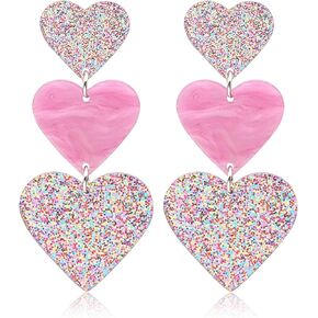 Sinikorya Pink Earrings for Girls, Heart Earrings Dangle Pink Heart Earrings Red Heart Earrings with Cute Love Dangling Heart as a Terrific for Girls Gifts