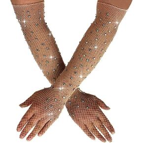GEMILY Rhinestone Fishnet Gloves Elastic Long Gloves Sparkly Crystal Gloves Party Gloves Accessories for Women and Girls