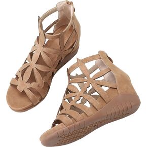 Yenktwei Wedge Sandal for Women Cutout Caged Flower Ankle Strap Sandals Open Toe Back Zipper Summer Bohemia Dress Platform Sandals