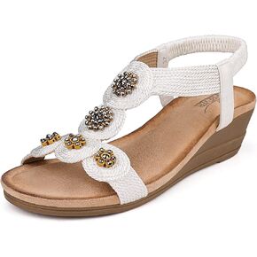 SHIBEVER Womens Sandals Wedge Low: Open Toe Elastic Ankle Strap Wedge Sandal - Dressy Sandals Women - Comfortable Summer