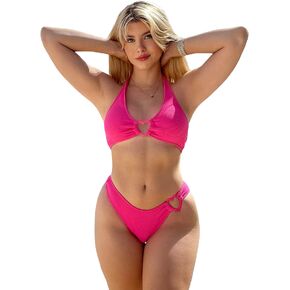OYOANGLE Women's 2 Pieces Bikini Swimsuit Set Cute Heart Ring Textured Halter Bikini Swimwear