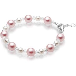Pretty Sterling Silver Bracelets for Girls with Pink and White Simulated Pearls, European Crystals, Girls Jewelry, Pearl Bracelet for Girl, Birthday Gifts