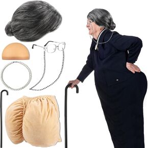 Zhanmai 7 Pcs Old Lady Cosplay Costume Set Women's Butt Cheeks Costume Old Lady Granny Wig Foldable Crutch Granny Glasses