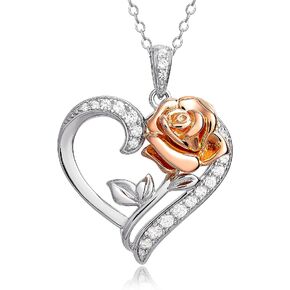 Disney Womens Beauty and the Beast Rose Necklace Officially Licensed - 18" Sterling Silver Necklace with Rose Heart Pendant