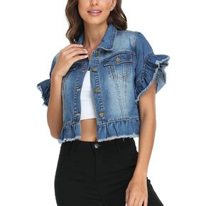 MISS MOLY Women's Denim Jacket Ruffle Sleeve Button Down Distressed Summer Cropped Jean Jackets in Kuwait