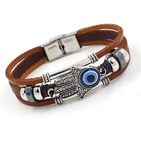 YWMAN Evil Eye Leather Bracelet - Three-Row Hamsa Hand Blue Eyes Wristband - Handmade Turkish Devil's Eye Bangle for Man in Kuwait