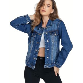 PEIQI Classic Jean Jackets for Women Basic Long Sleeve Button Downs Ripped Denim Jackets in Kuwait