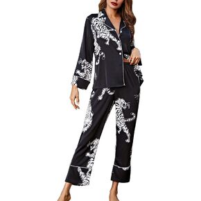 Brosloth Women's Silk Satin Pajamas Pjs Sets Cute Tiger Pattern Two Piece Loungewear Set Button Up Pajamas Sleepwear Black