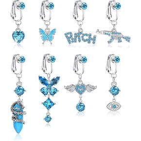 Drperfect 8PCS Faux Belly Button Piercing Clip On Belly Button Rings For Women Pink Purple Blue CZ Heart Butterfly Dragon Fake Navel Ring Non Piercing