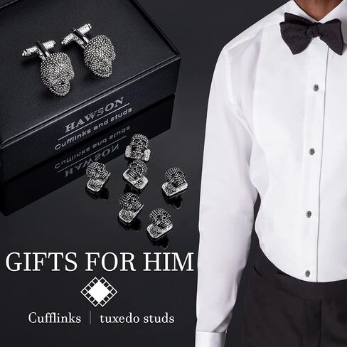 Cufflinks for Men with Tuxedo Studs in Gift Box, Gold or Silver Tone Skull Cuff links for Black Bow tie Navy Blue Suit White Shirts ; Mens Jewelry or Accessories on Halloween Birthday Party Christmas in Saudi Arabia