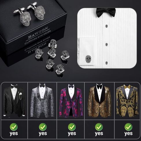Cufflinks for Men with Tuxedo Studs in Gift Box, Gold or Silver Tone Skull Cuff links for Black Bow tie Navy Blue Suit White Shirts ; Mens Jewelry or Accessories on Halloween Birthday Party Christmas in Saudi Arabia
