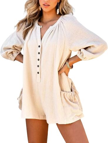 Rxozrxoz Womens 3/4 Sleeve Short Rompers Casual Loose V Neck Button Down One Piece Jumpsuits with Pockets(Apricot-L) in Kuwait