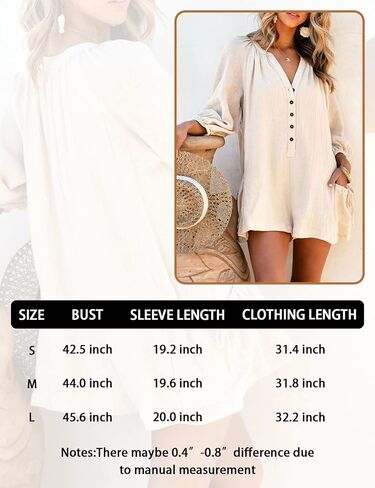 Rxozrxoz Womens 3/4 Sleeve Short Rompers Casual Loose V Neck Button Down One Piece Jumpsuits with Pockets(Apricot-L) in Kuwait