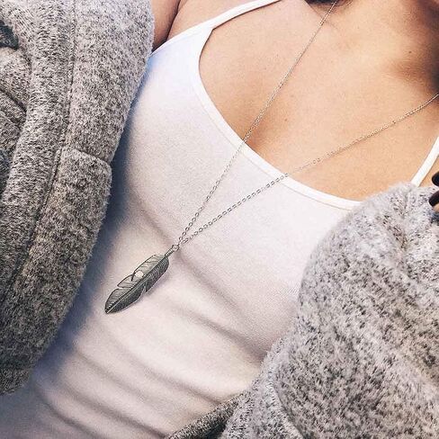 Yalice Boho Feather Pendant Necklace Chain Long Leaf Necklaces Jewelry for Women and Girls in Kuwait